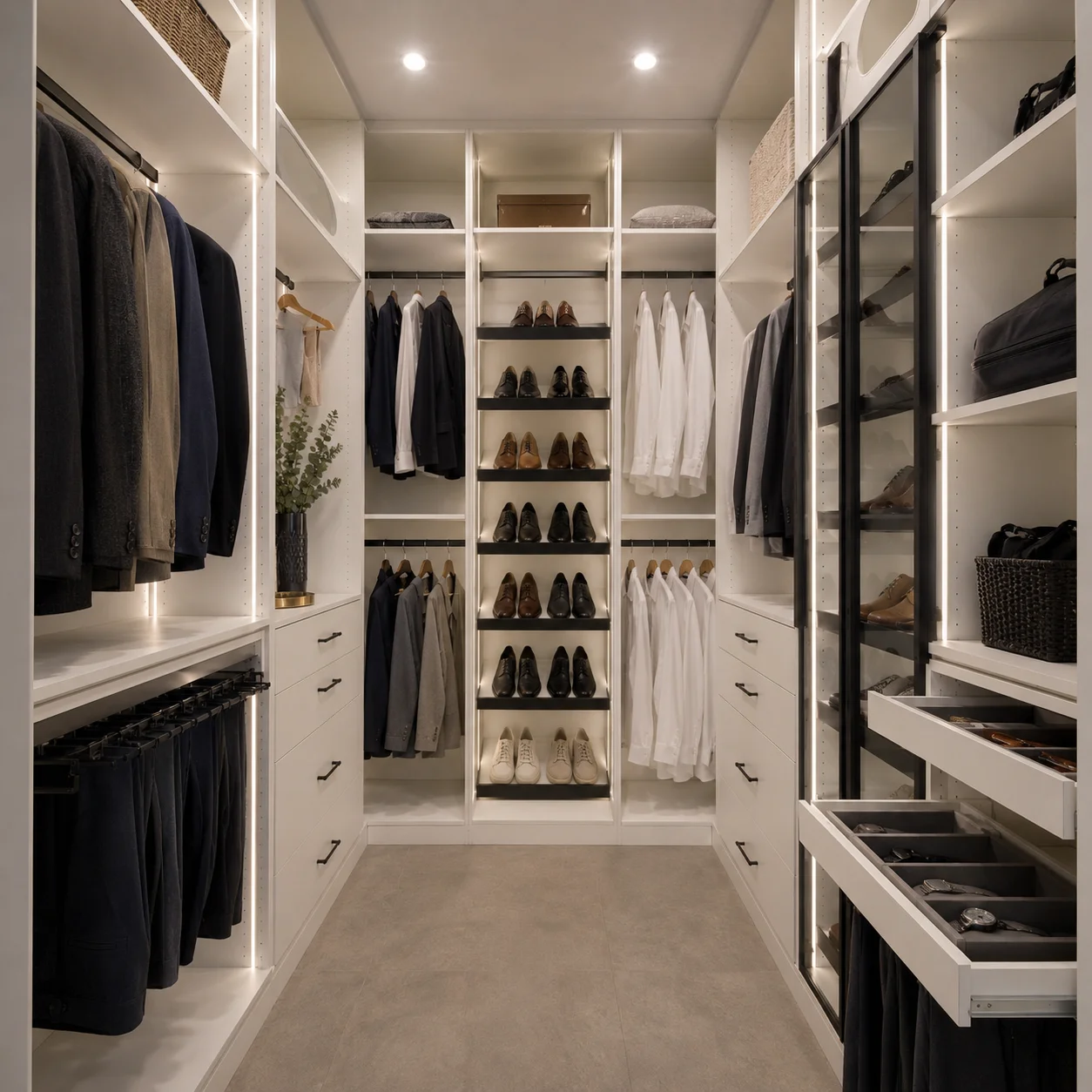 Corner walk-in closet organizer in a white finish with corner hanging racks, open shelf displays, soft LED strip lighting, and built-in drawer stacks.