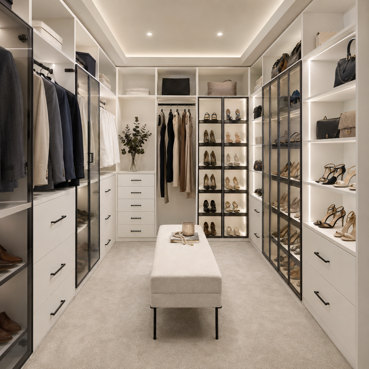 Luxury master walk-in closet in bright white featuring perimeter built-ins, glass display drawers, warm LED lighting, and a center island dresser with seating.