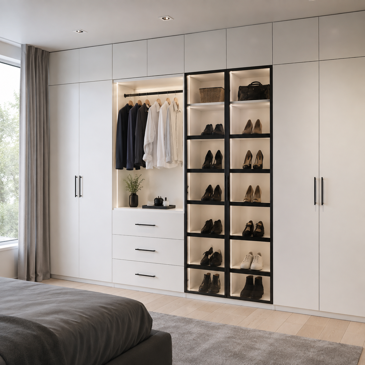 Custom white reach-in closet system featuring double clothing rods, center drawer stack, open sweater cubbies, and overhead cabinet storage.