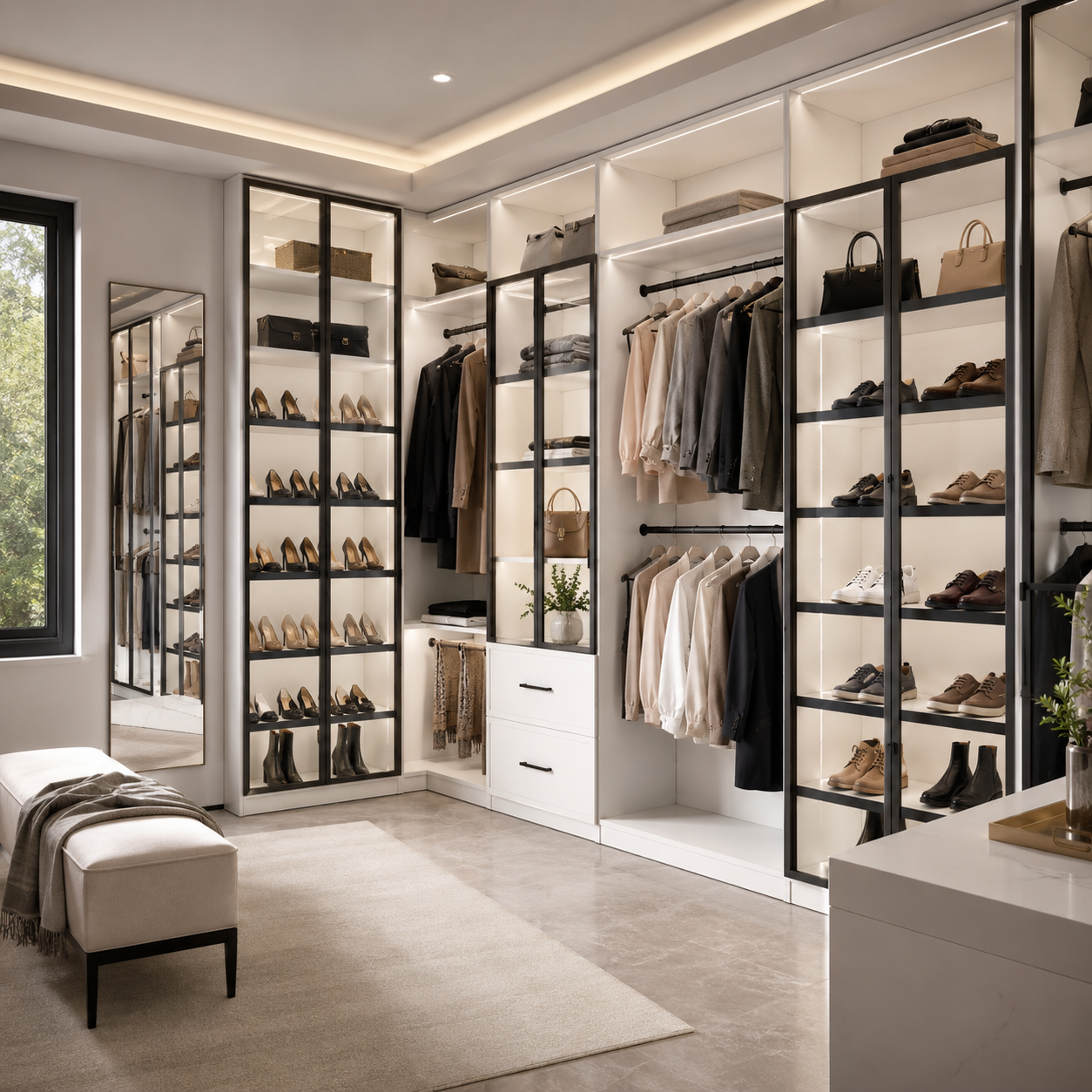 Custom master closet built-in system in white, featuring organized clothing hanging rods, dedicated shoe display shelves with LED backlight, and lower drawer stacks.