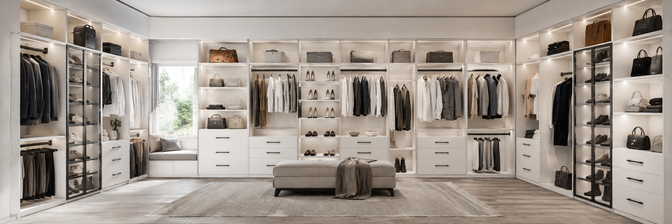 Modern custom walk-in closet in a premium white finish, featuring open hanging sections, shoe shelving, built-in drawer units, soft LED strip lighting, and a central closet island.