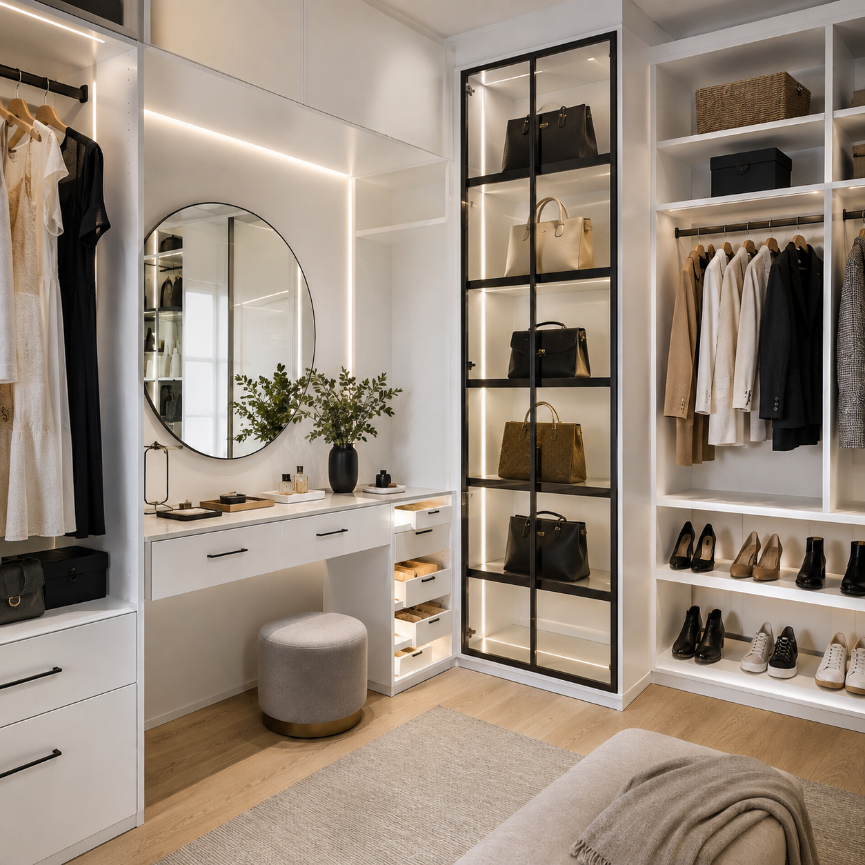 Spacious white walk-in closet featuring custom built-in cabinetry, clothing hanging space, open shelving, and an integrated makeup vanity area.