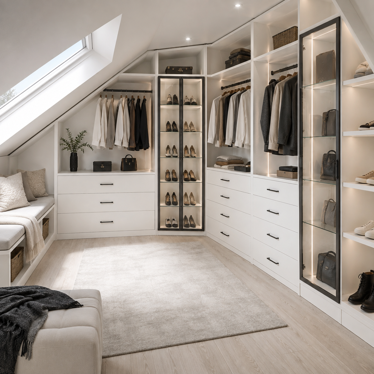 Luxury white custom closet design with double-tier hanging rods, open shelf organizers, warm LED shelf lighting, and modern brass hardware accents.