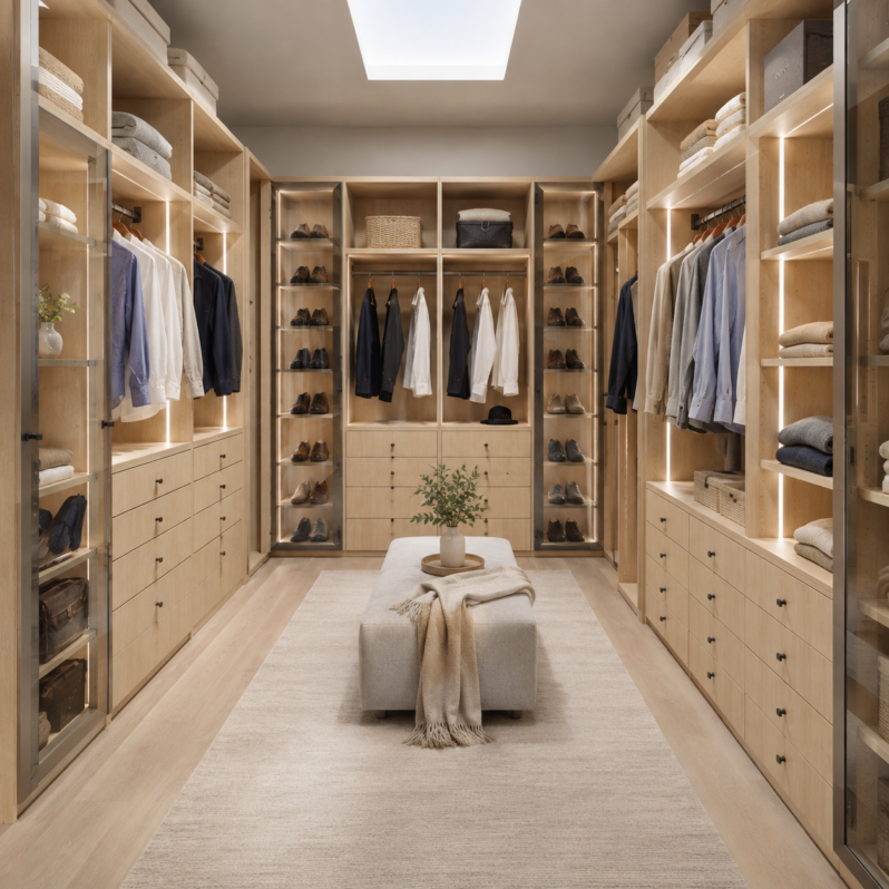 Custom natural oak walk-in closet featuring integrated LED shelf lighting, glass display doors, drawer stacks, and a plush center ottoman bench by Modernform Cabinets and Closets.