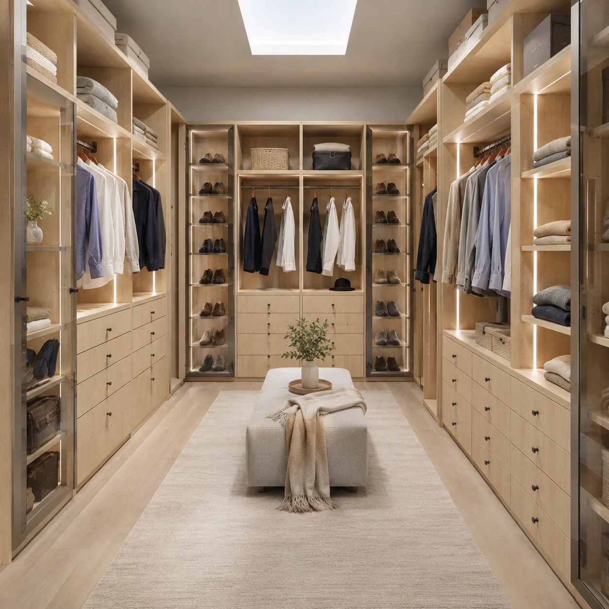 Custom natural oak walk-in closet featuring integrated LED shelf lighting, glass display doors, drawer stacks, and a plush center ottoman bench by Modernform Cabinets and Closets.