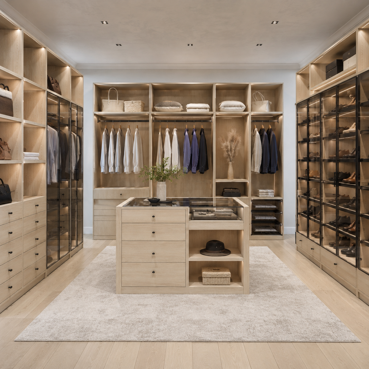 Custom natural oak walk-in closet system featuring a center island dresser, open shelving, integrated hanging space, and glass display cabinets by Modernform Cabinets and Closets.