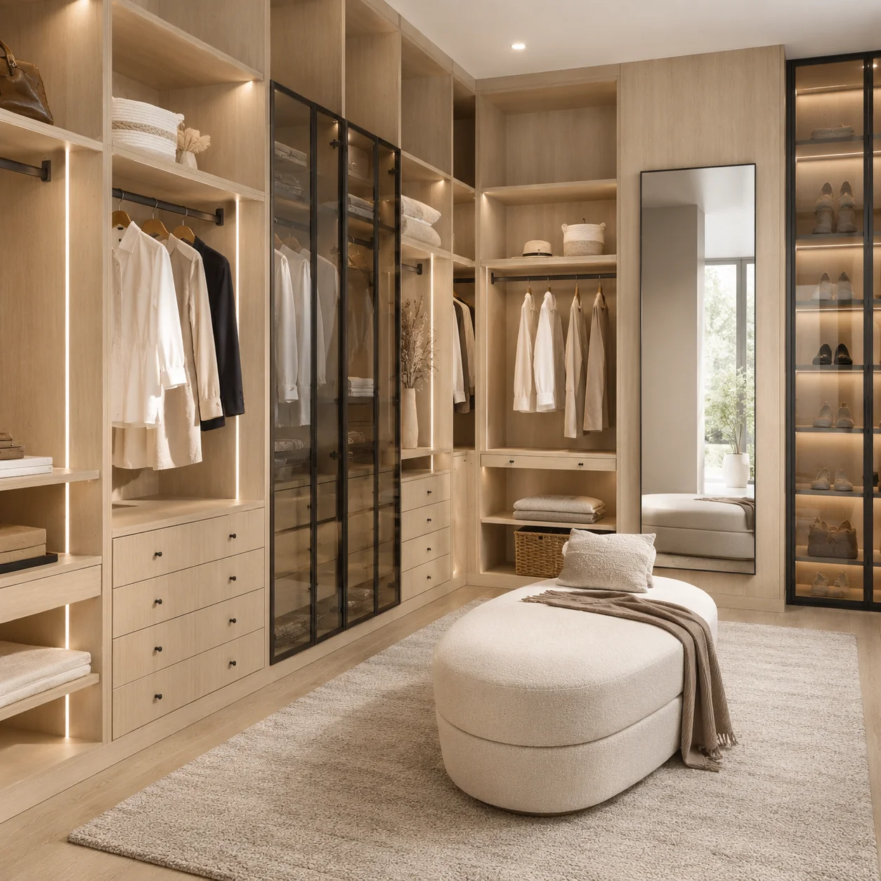 Wholesale natural oak custom walk-in closet suite featuring center island dresser, built-in shoe shelves, and hanging storage.
