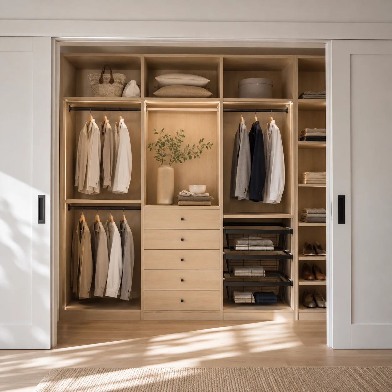 Custom natural oak closet storage drawers equipped with soft-close undermount drawer slides and modern pull handles.