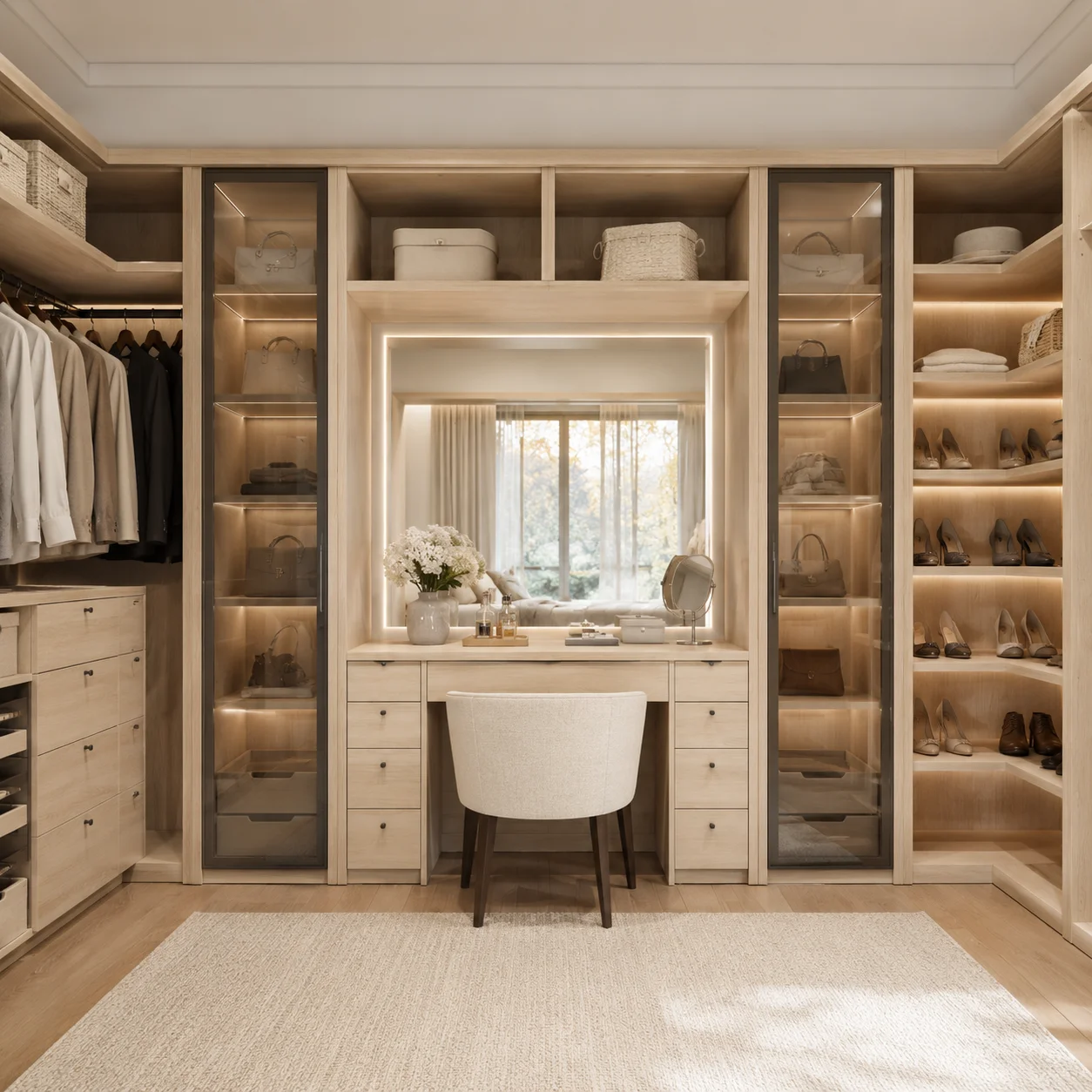 Custom natural oak walk-in closet layout featuring an integrated window seat bench with lower storage drawers.