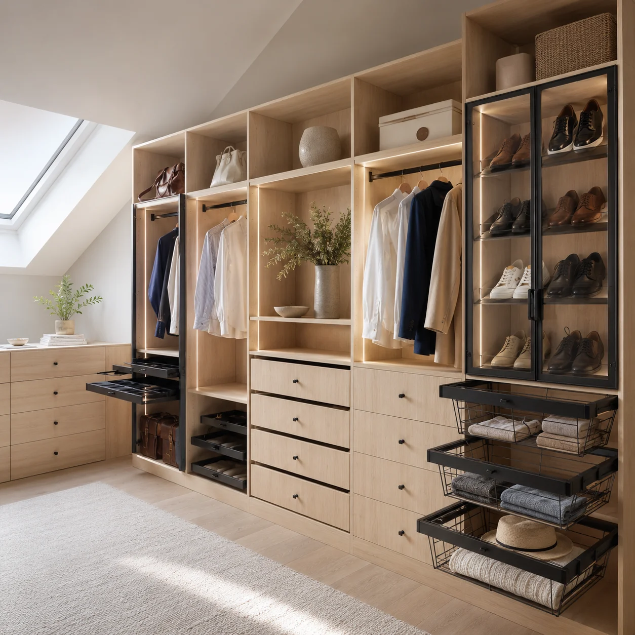 Space-saving natural oak reach-in closet organization system with double hanging rails for home builders.
