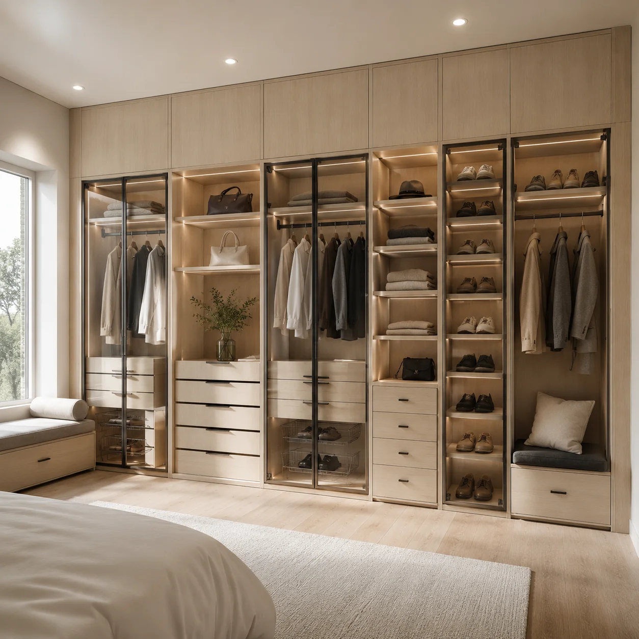 Modern natural oak closet wall unit with integrated upper storage shelves and lower drawer stacks.