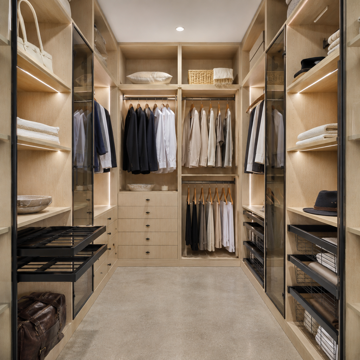 Built-in natural oak walk-in closet featuring warm LED shelf accent lighting and premium frameless cabinetry.