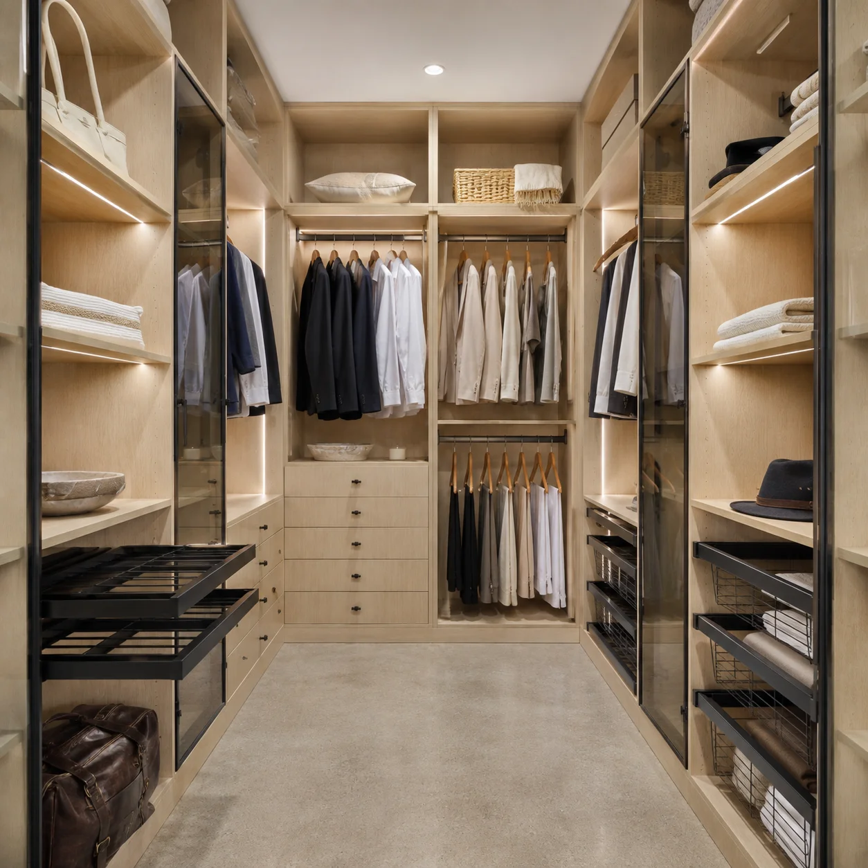 Built-in natural oak walk-in closet featuring warm LED shelf accent lighting and premium frameless cabinetry.