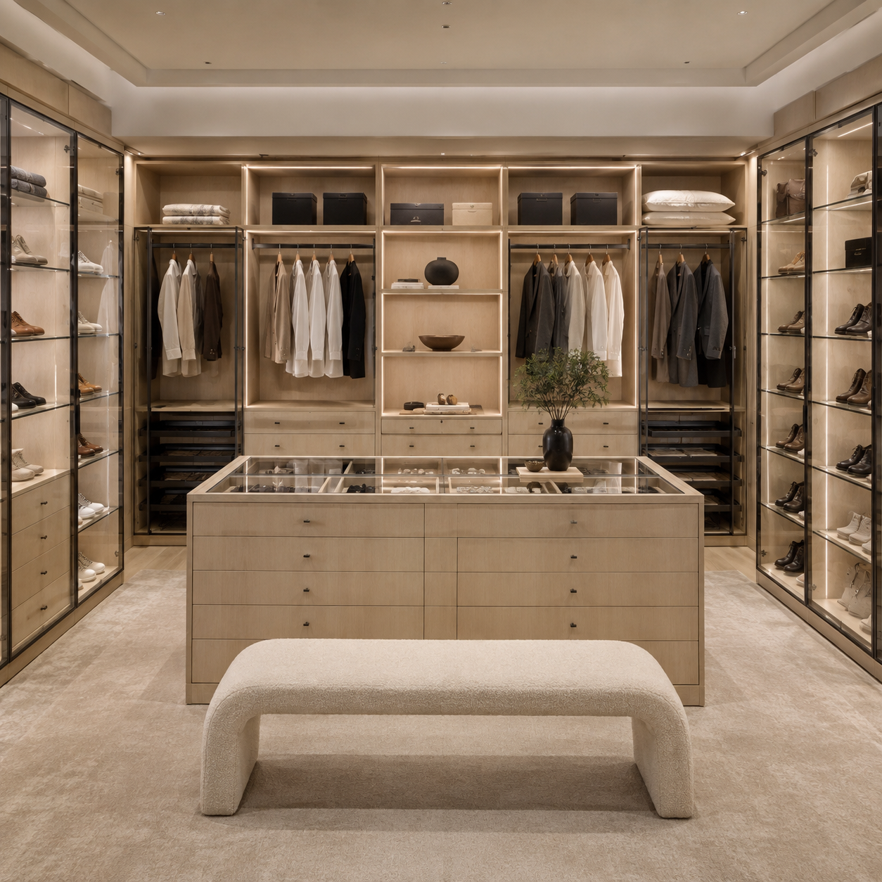 Natural oak wholesale closet island featuring smooth wood grain drawer fronts and storage countertop for custom walk-in closets.