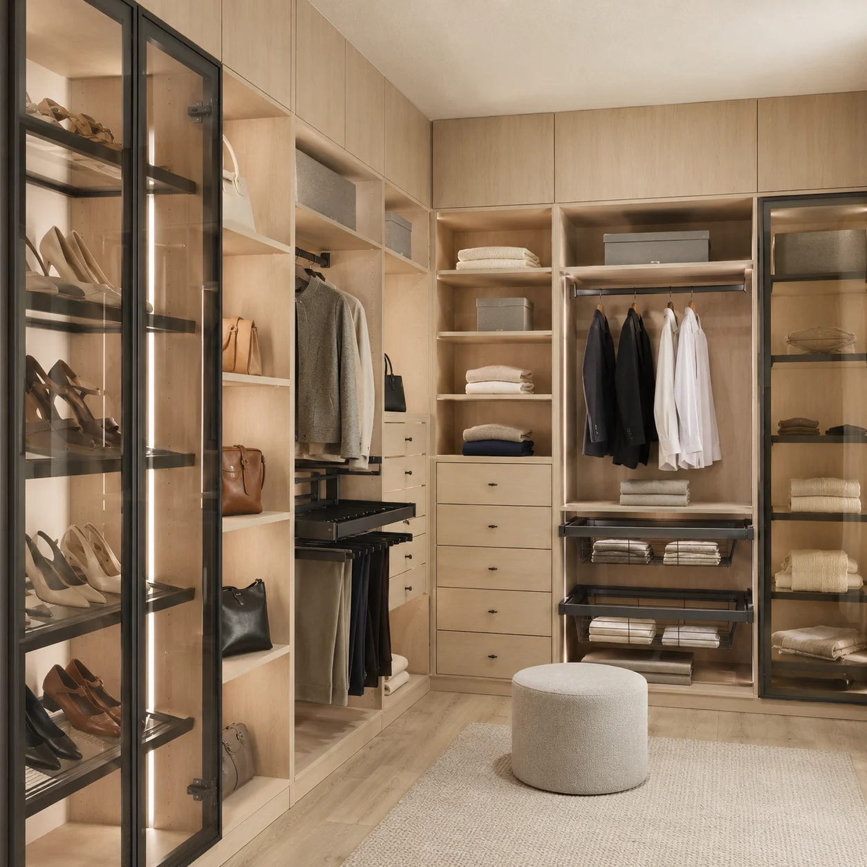 Modern natural oak custom shoe organizer tower with adjustable shelving for residential and commercial closet builds.