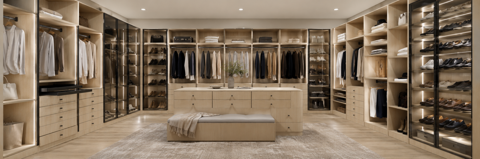Custom natural oak walk-in closet system with modular open shelving, double hanging rods, and soft-close drawers by Modernform Cabinets and Closets.