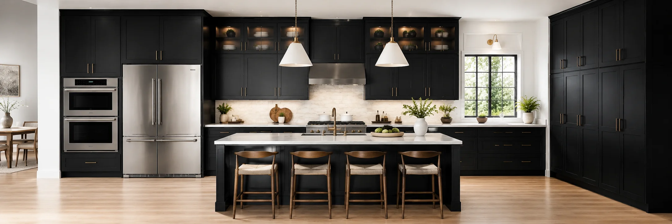 Modern open-concept kitchen featuring onyx black shaker cabinets, a large matching kitchen island with white countertops, four wooden counter stools, stainless steel appliances, and two white cone pendant lights.