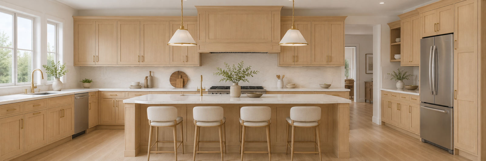 Bright, open-concept kitchen featuring natural shaker cabinets, a matching center island with four white bar stools, brass hardware, glass pendant lighting, and stainless steel appliances.