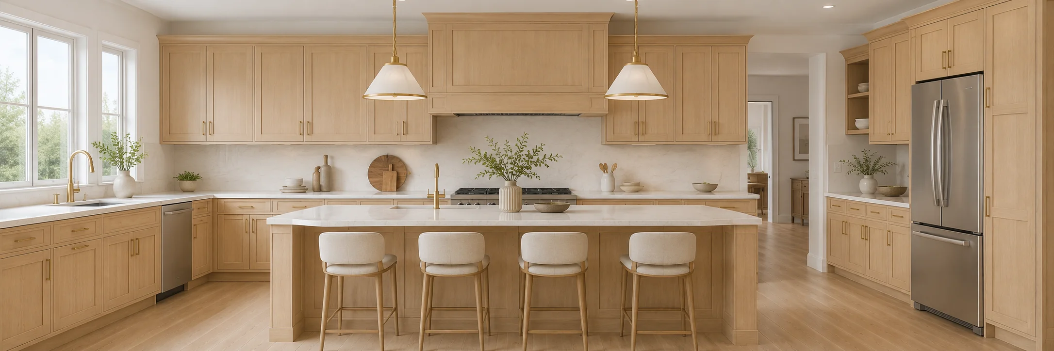 Bright, open-concept kitchen featuring natural shaker cabinets, a matching center island with four white bar stools, brass hardware, glass pendant lighting, and stainless steel appliances.