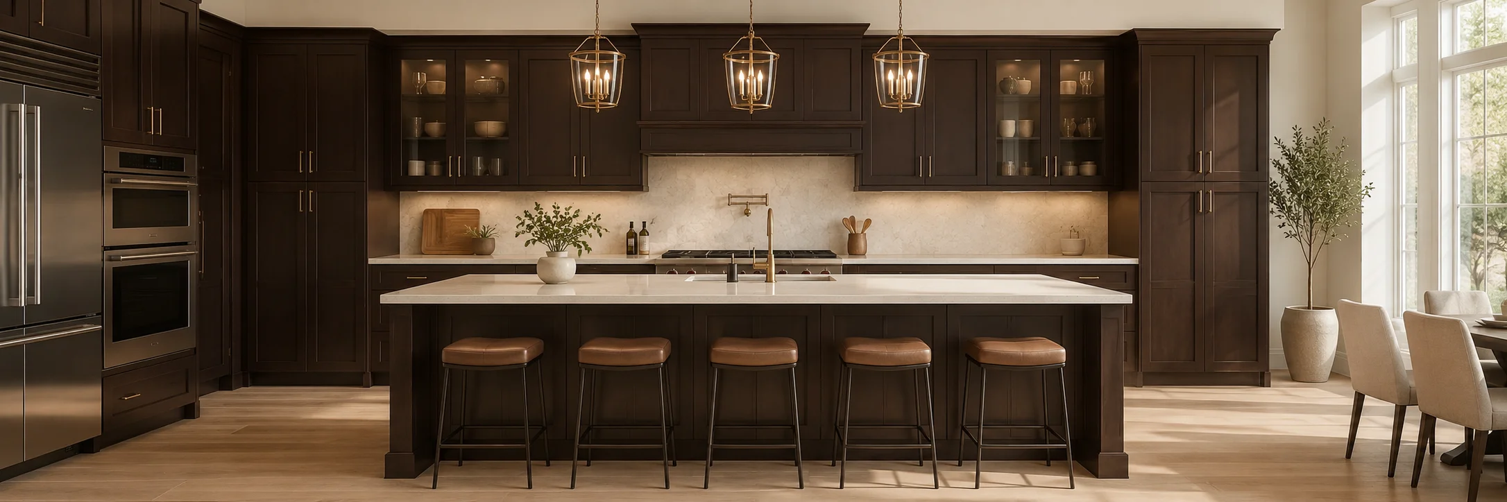 Modern open-concept kitchen featuring dark espresso shaker cabinets, a large matching kitchen island with white countertops, five brown leather bar stools, and glass pendant lighting.