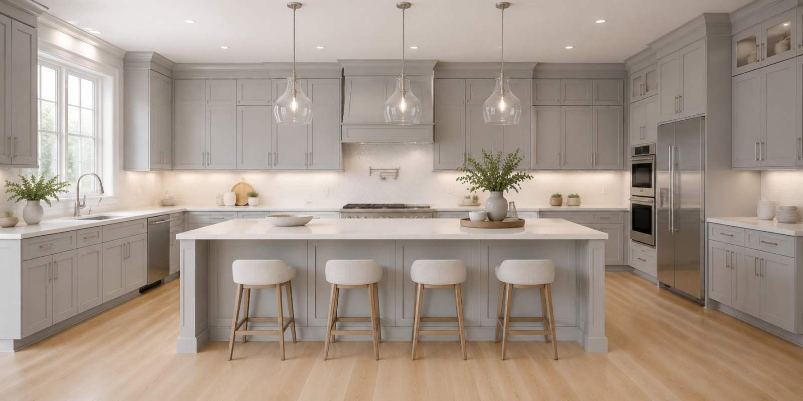 Modern open-concept kitchen featuring light grey shaker cabinets, a large matching island with white countertops, four wooden counter stools, glass pendant lighting, and stainless steel appliances.