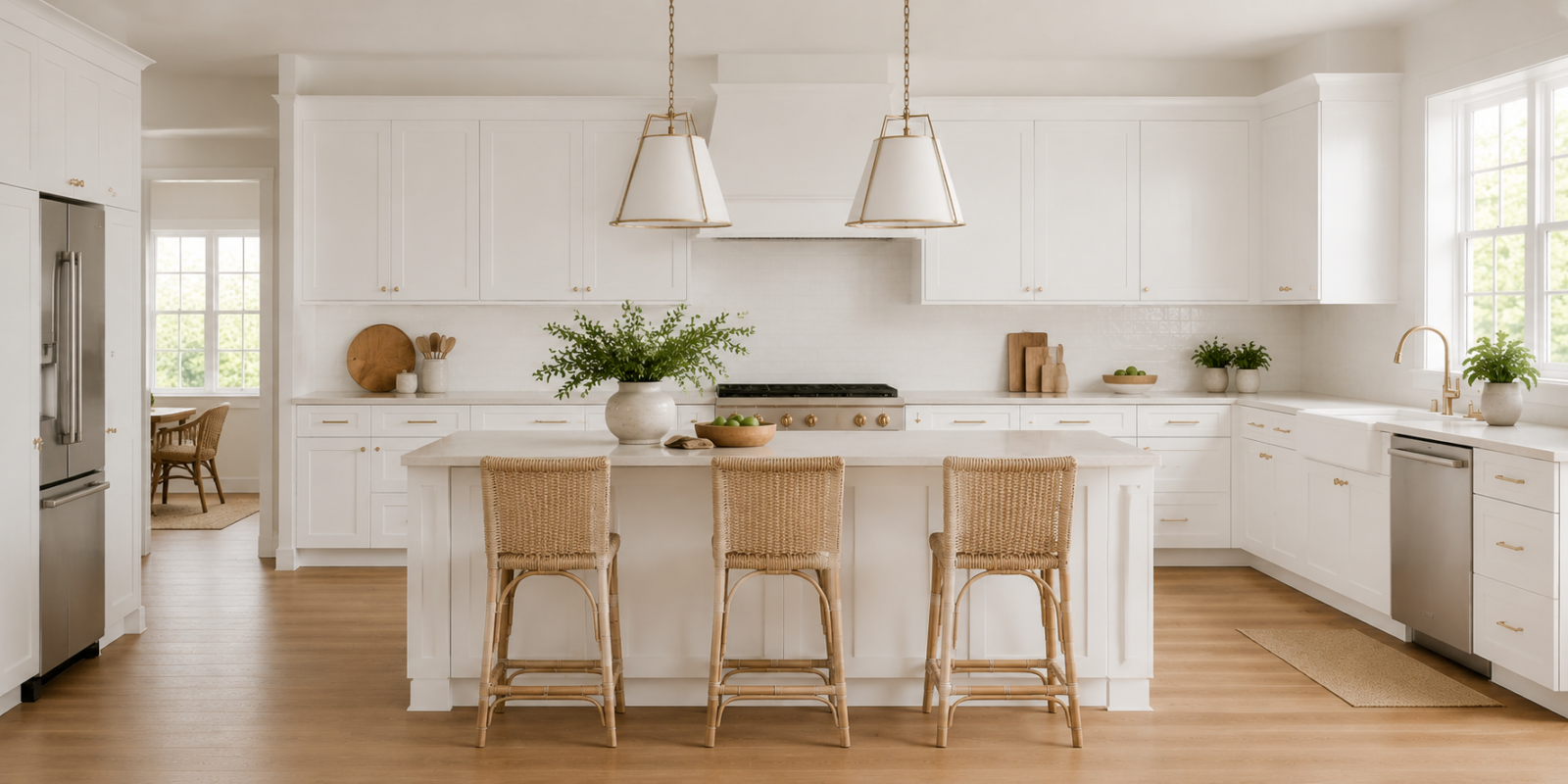 Bright, open-concept kitchen featuring white shaker cabinets, a large center island with four woven counter stools, brass hardware, and two white cone pendant lights.
