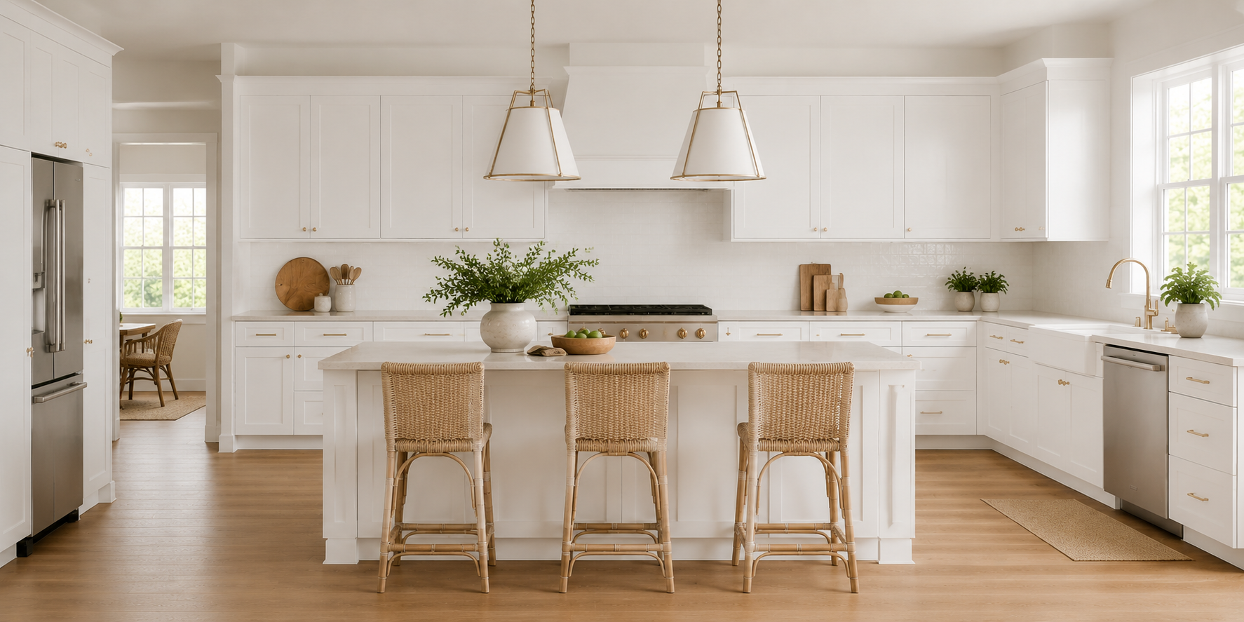 Bright, open-concept kitchen featuring white shaker cabinets, a large center island with four woven counter stools, brass hardware, and two white cone pendant lights.
