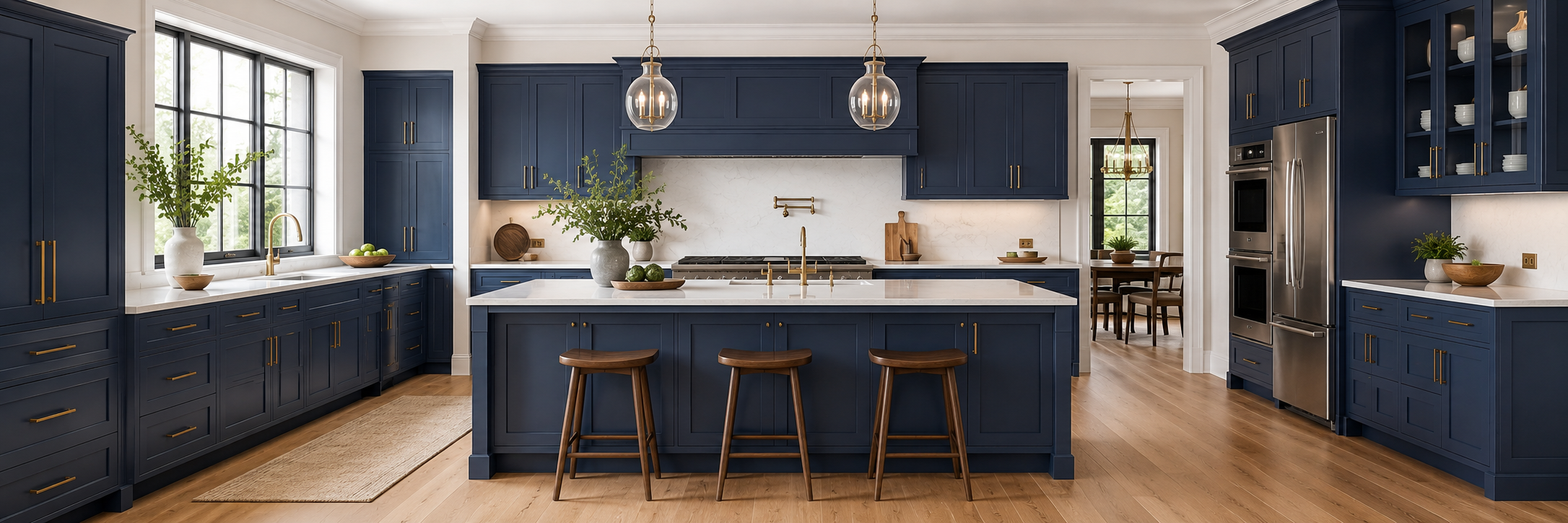Contemporary kitchen featuring signature blue shaker cabinets, a large matching island with a white countertop, three wooden bar stools, and two warm glass globe pendant lights.