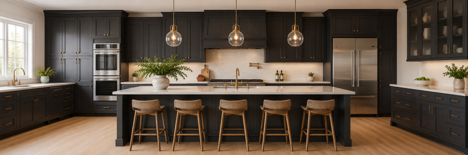 Contemporary kitchen featuring Modern Slate Shaker cabinets, a large center island with a white countertop, five brown leather bar stools, and warm brass pendant lights.