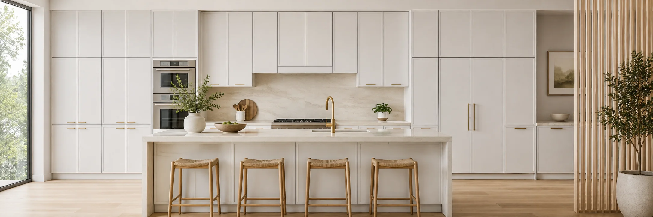 Modern open-concept kitchen featuring slim dove white shaker cabinets, a matching kitchen island with a white waterfall countertop, four wooden counter stools, brass hardware, and built-in stainless steel double ovens.