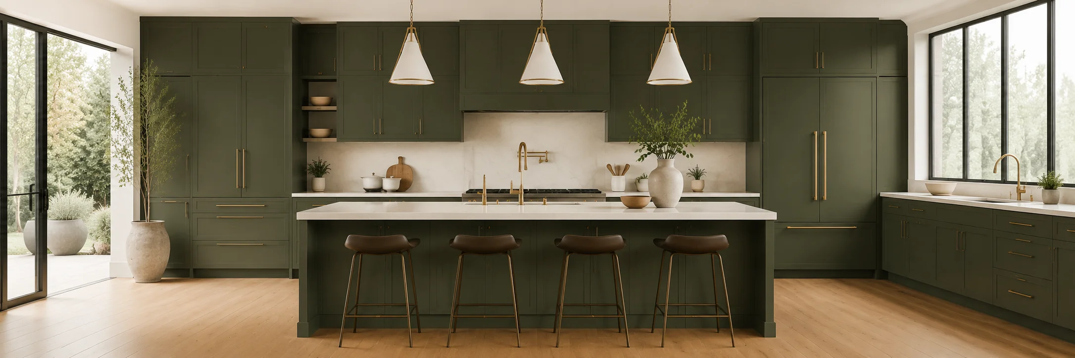 Modern open-concept kitchen featuring slim sage green shaker cabinets, a large matching center island with white countertops, four brown bar stools, and three white cone pendant lights.