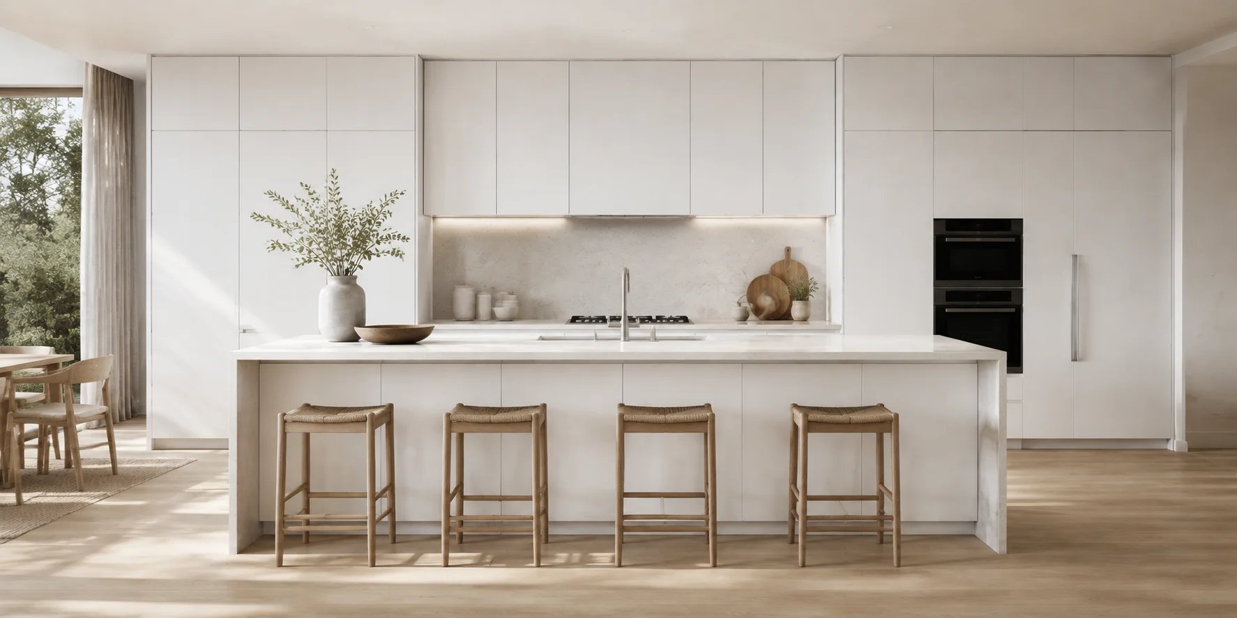 Modern kitchen sink area featuring matte white European frameless cabinets, brass hardware, and bright white countertops.