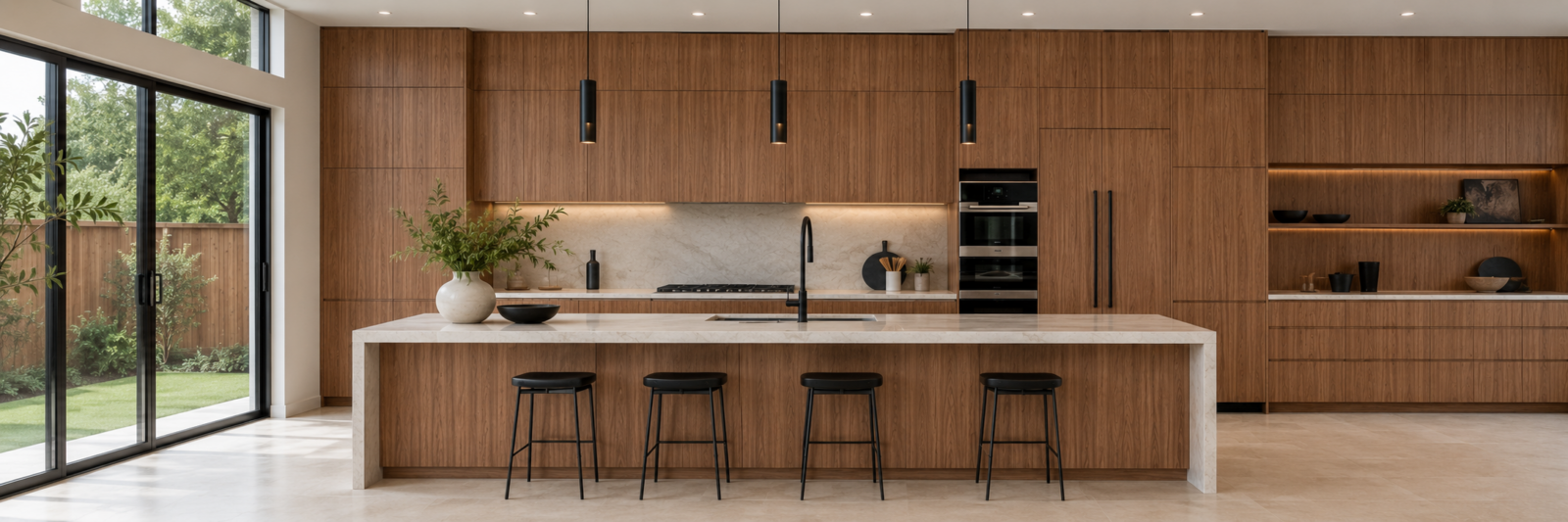 Contemporary kitchen featuring walnut European frameless cabinets, a center island with white countertops, and bold black pendant lighting.