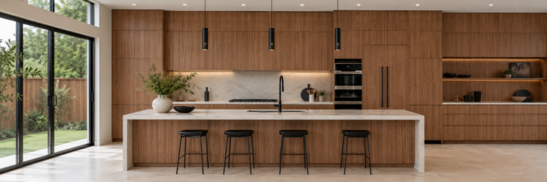Contemporary kitchen featuring walnut European frameless cabinets, a center island with white countertops, and bold black pendant lighting.