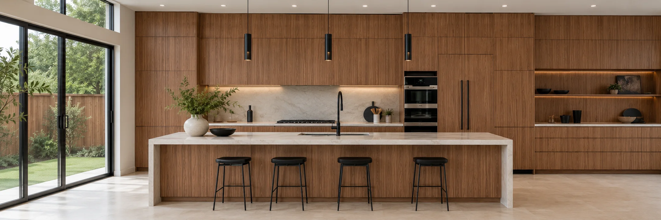 Contemporary kitchen featuring walnut European frameless cabinets, a center island with white countertops, and bold black pendant lighting.