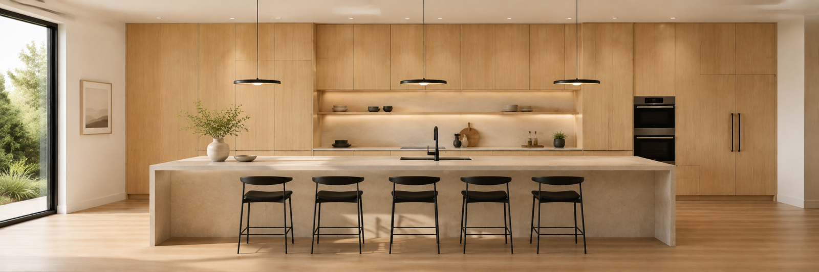 Modern open-concept kitchen featuring natural oak European frameless cabinets and a large matching island with white countertops.