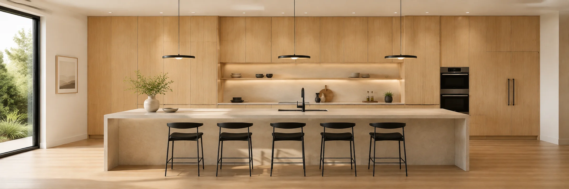 Modern open-concept kitchen featuring natural oak European frameless cabinets and a large matching island with white countertops.