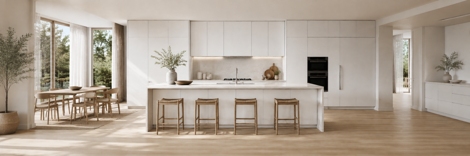 Modern open-concept kitchen featuring seamless matte white European frameless cabinets, a large matching center island with four wooden bar stools, integrated double wall ovens, and an adjacent dining area with floor-to-ceiling windows.