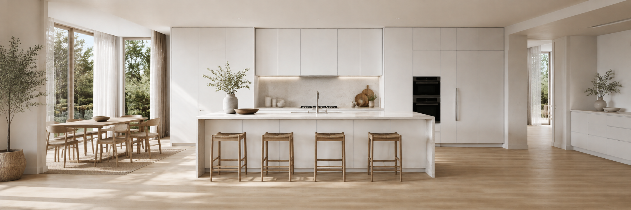 Modern open-concept kitchen featuring seamless matte white European frameless cabinets, a large matching center island with four wooden bar stools, integrated double wall ovens, and an adjacent dining area with floor-to-ceiling windows.