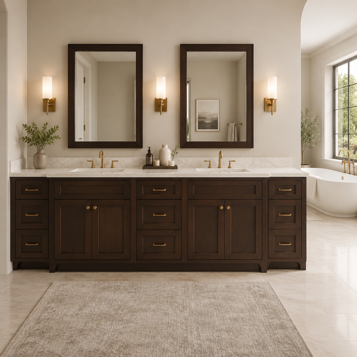 Wholesale espresso shaker large double bathroom vanity featuring dual sinks and multiple drawer stacks by Modernform Cabinets in Dallas Texas.
