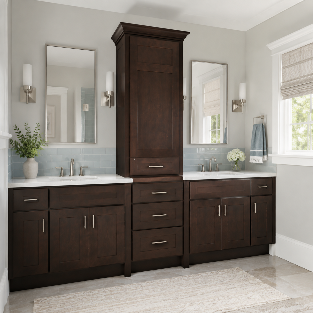 Wholesale espresso shaker double bathroom vanity featuring a central countertop linen cabinet tower by Modernform Cabinets in Dallas Texas.