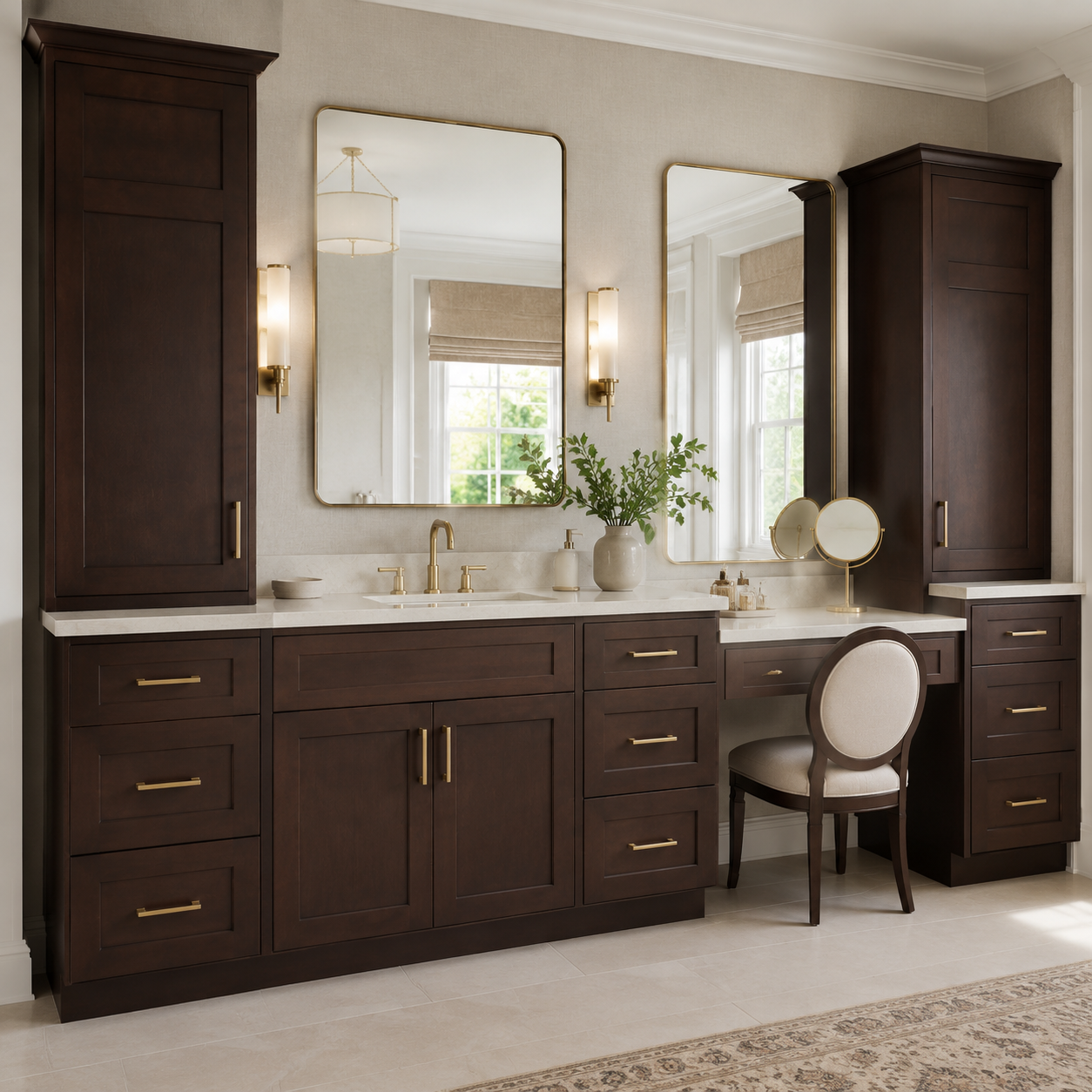 Wholesale espresso shaker bathroom vanity featuring tall countertop linen cabinets and an integrated makeup desk by Modernform Cabinets in Dallas Texas.