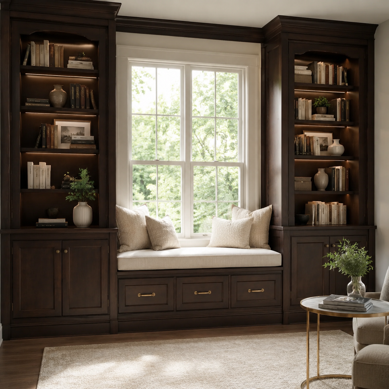 Espresso Shaker cabinets framing a window nook with a built-in bench seat.