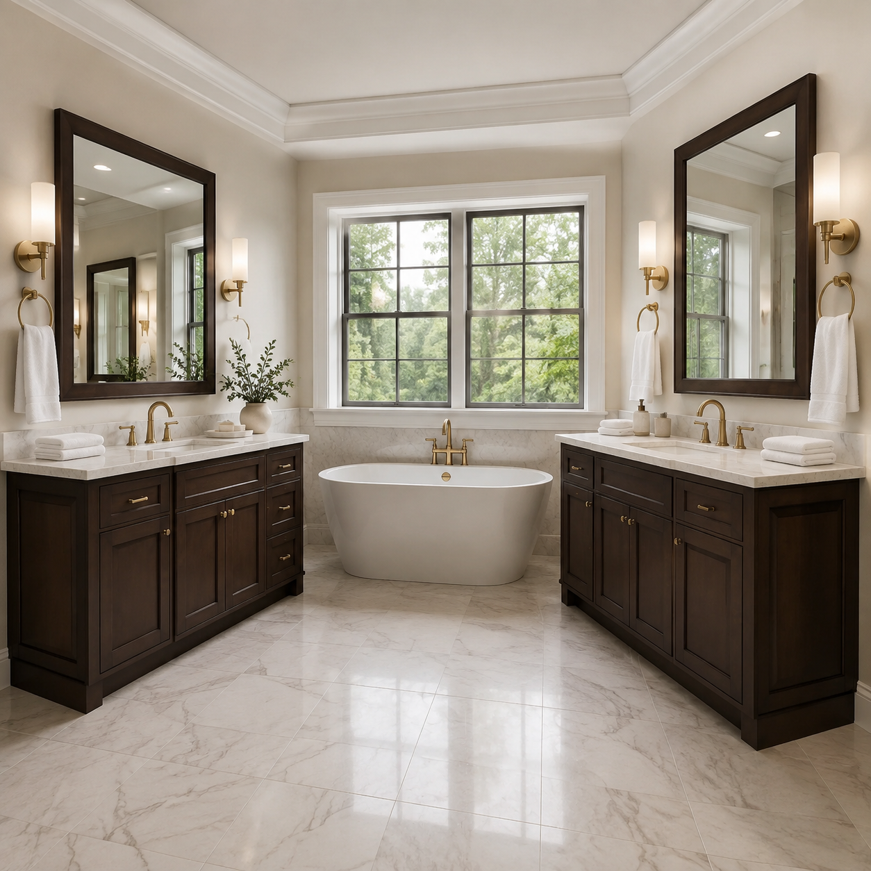 A bathroom double vanity built with wholesale espresso shaker cabinets in Dallas Texas.