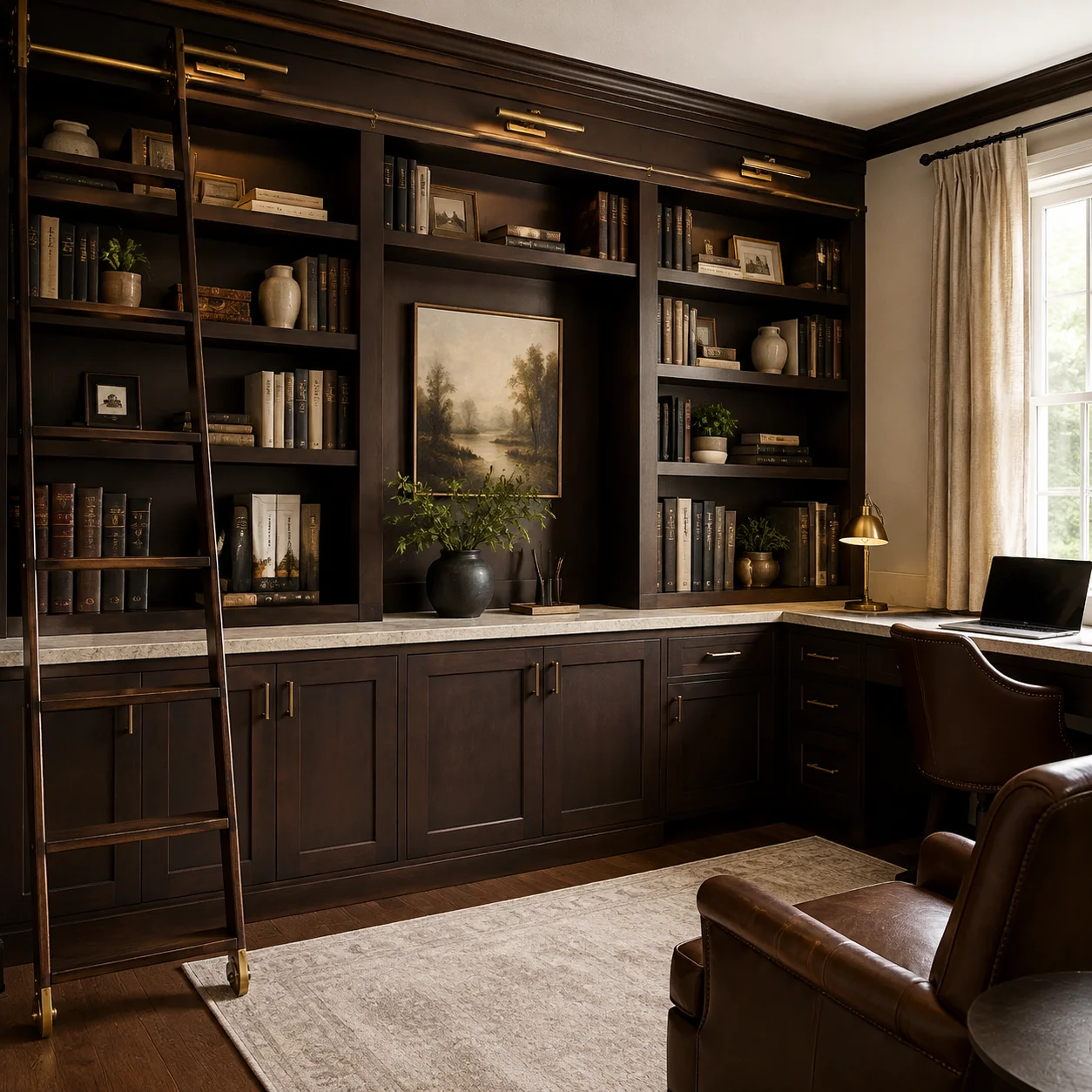 Wholesale espresso shaker cabinets used for custom home office built-in bookshelves and desk with a rolling ladder by Modernform Cabinets.