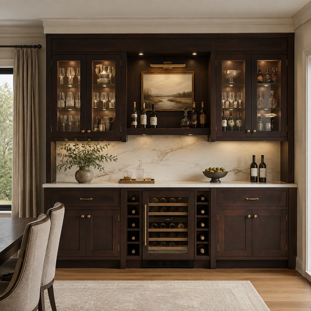 Espresso shaker wall cabinets surrounding a kitchen range hood by a Dallas Texas wholesale distributor.