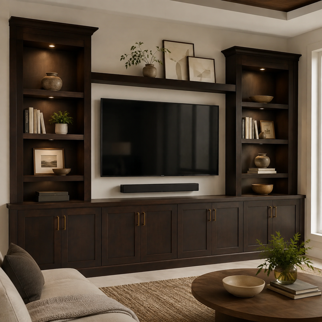 Custom living room media center and TV built-in using Espresso Shaker cabinets.