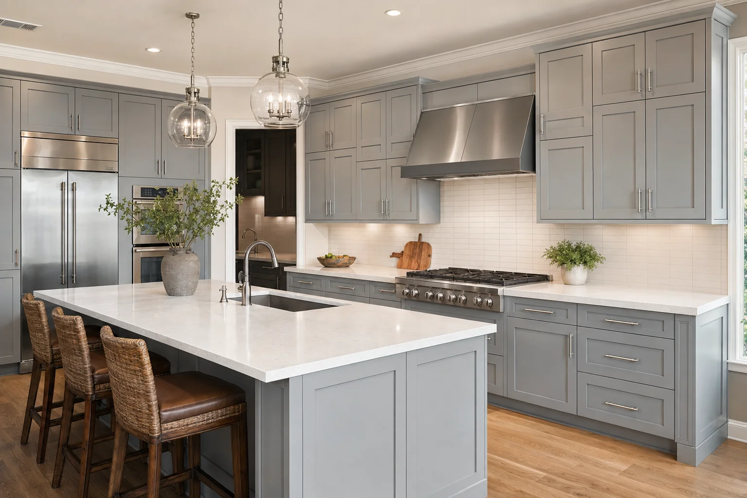 Wholesale grey shaker kitchen cabinetry featuring a matching custom range hood and modern glass pendant lighting.