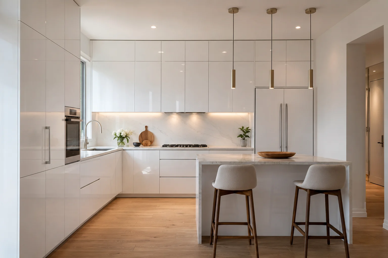 Sleek minimalist kitchen featuring wholesale white flat panel cabinets and subtle under-cabinet lighting.