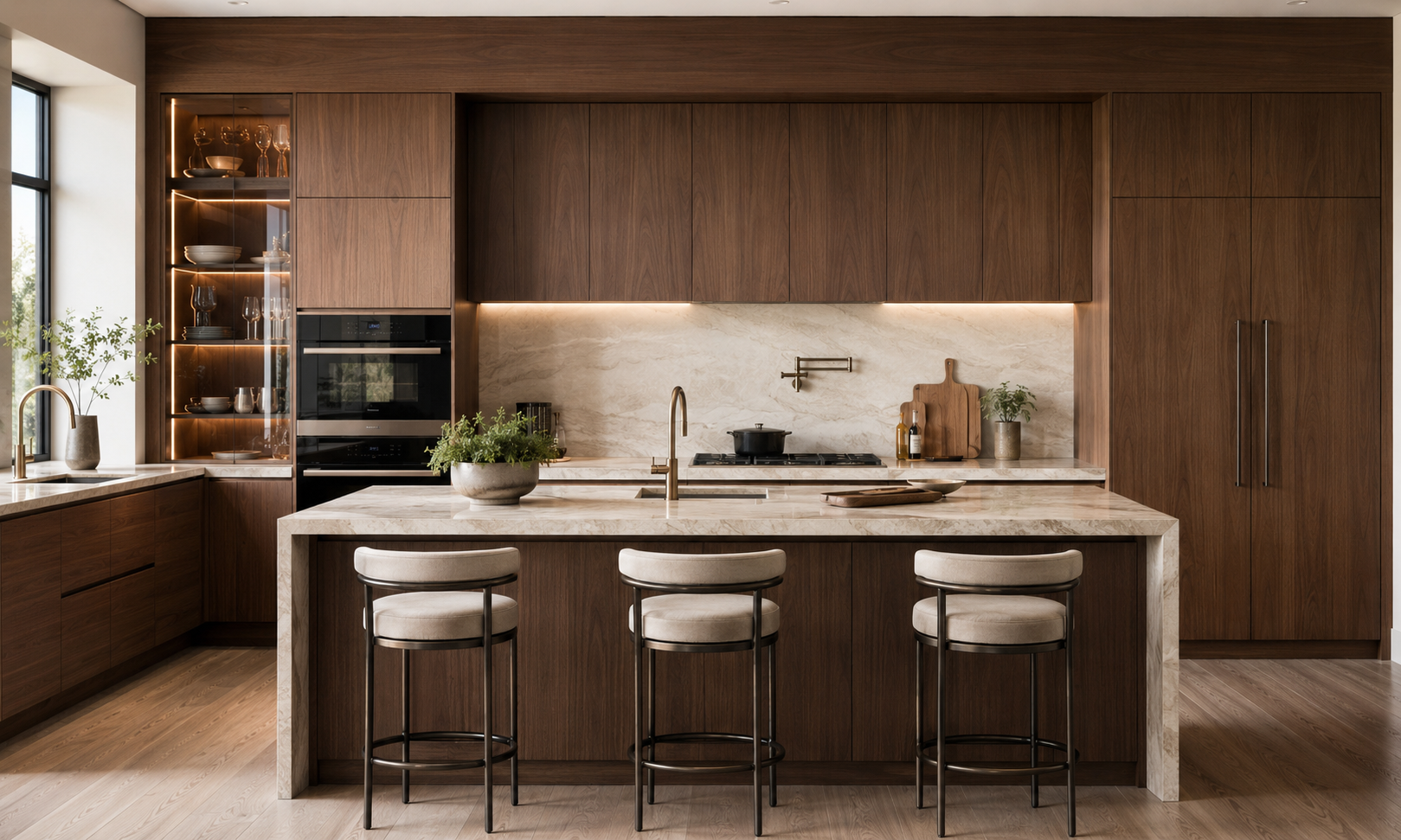Modern kitchen featuring wholesale dark wood flat panel cabinets and under-cabinet lighting.